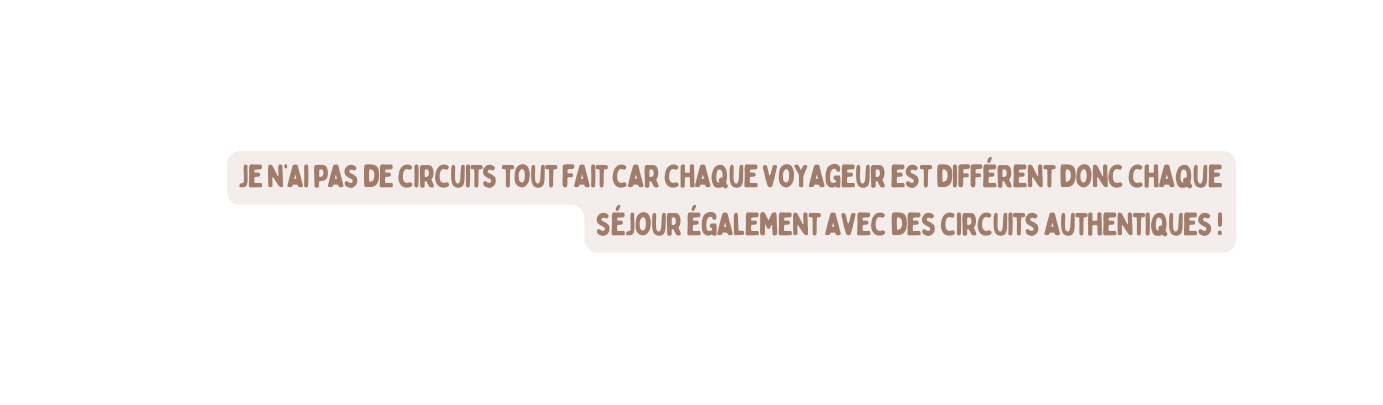 je n ai pas de circuits tout fait car chaque voyageur est différent donc chaque séjour également avec des circuits authentiques